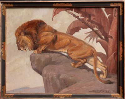tableau représentant un lion se reposant sur un rocher, avec un palmier en arrière-plan