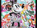 painting of a mickey mouse character with various stickers on it