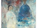 an image of a painting of a woman and a man sitting on the ground
