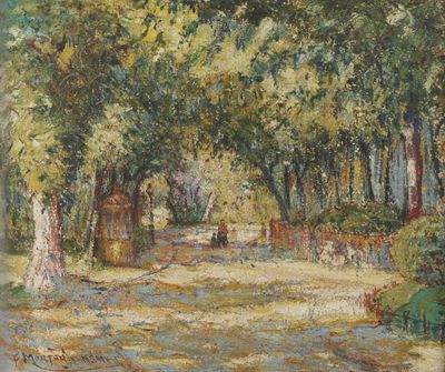 une image représentant un tableau d'un parc avec des arbres et des bancs