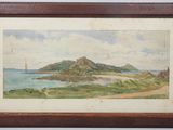 painting of a view of a small island with a sailboat in the distance