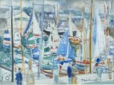 a painting of a group of sailboats docked in a harbor