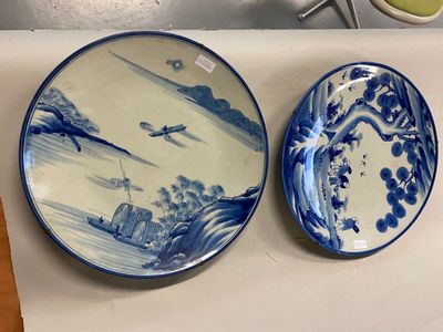 two blue and white plates sitting on a counter