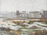 painting of a view of a town in the distance with a snow - covered field in the foreground