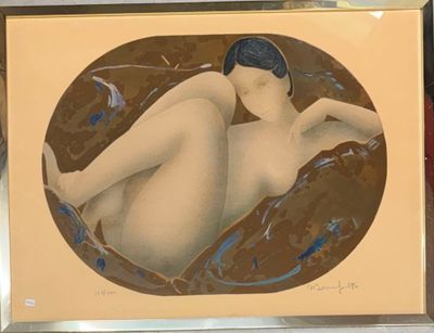 tableau représentant une femme nue allongée, dans un cadre circulaire