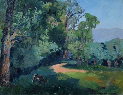 un tableau représentant un cheval paissant dans un champ