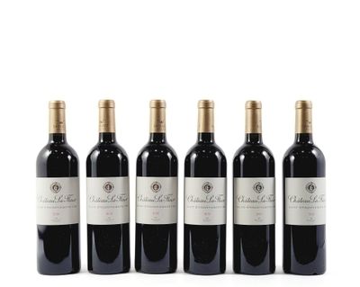 six bouteilles de vin rouge alignées sur une surface blanche