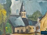 a painting of a church with a steeple on the top of it