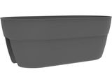 a gray plastic planter with a black handle