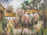 an oil painting of an old farm with a pond in the foreground