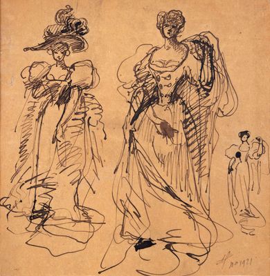 un dessin représentant deux femmes en robe, debout l'une à côté de l'autre