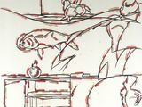 un dessin représentant un homme allongé sur un lit dans une chambre