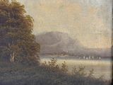 tableau représentant une vue sur un plan d'eau avec une montagne en arrière-plan