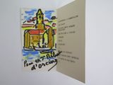 a card with a drawing of a church on it