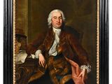 a painting of a man in a brown coat sitting in a chair