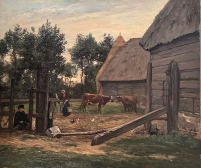 un tableau représentant une scène de vie à la ferme avec des vaches et des personnages