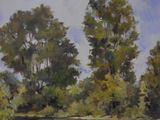painting of two cows grazing in a field with trees in the background