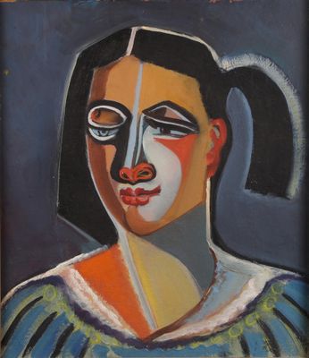 portrait of a woman in a blue dress with a red nose and black hair