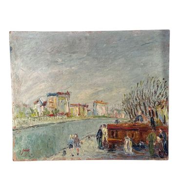 une peinture à l'huile représentant des personnes marchant sur un trottoir près d'une rivière