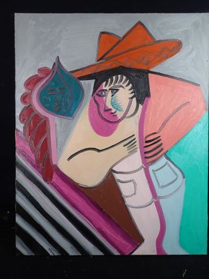 painting of a woman in a hat with a knife and fork in her hand
