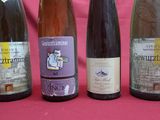 four bottles of wine are lined up on a pink background