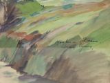 a watercolor painting of a man riding a horse on a hill
