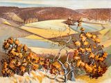 un tableau représentant un paysage avec des arbres au premier plan