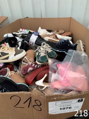 many pairs of shoes in a cardboard box on the floor