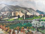 an oil painting of a landscape with a mountain in the background