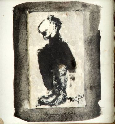 dessin représentant un homme en costume, en noir et blanc