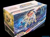 the box for the pokemon trading card game has a picture of a space station