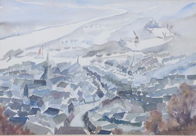 a picture of a painting of a city in the snow