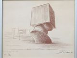 dessin au crayon représentant un homme avec une boîte sur la tête