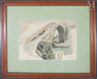 aquarelle encadrée représentant un pont au-dessus d'une rivière, dans un cadre en bois