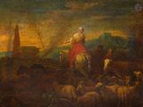tableau représentant une femme à cheval avec un troupeau de moutons