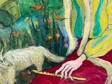 a painting of a woman and a goat in a field