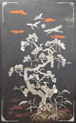 an image of a painting of a tree with birds flying around it