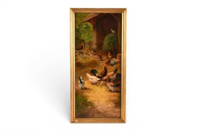 une image représentant un tableau où l'on voit un groupe de poulets dans une ferme