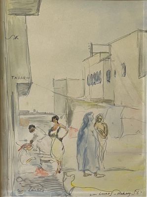 drawing of a street scene with a woman and a man walking down the street