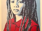 a painting of a woman with dreadlocks and a red shirt