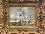 an oil painting of people on a beach with a boat in the background