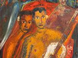 an oil painting of a group of people with a guitar