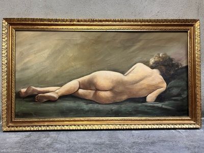 an oil painting of a nude woman laying down on a bed