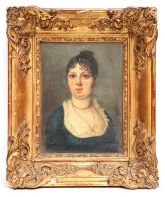 portrait of a woman in a blue dress with a gold frame