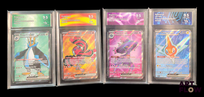 quatre types différents de cartes Pokémon dans une vitrine