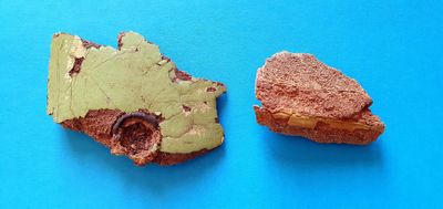 deux parts de gâteau posées sur un fond bleu