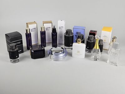 les flacons de différents parfums sont disposés sur une surface blanche