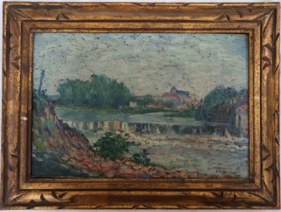 une peinture à l'huile représentant un paysage fluvial avec un pont au loin