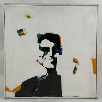 a painting of a man smoking a cigarette on the wall