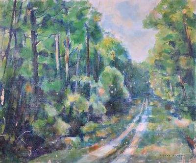 un tableau représentant un chemin de terre au milieu des bois